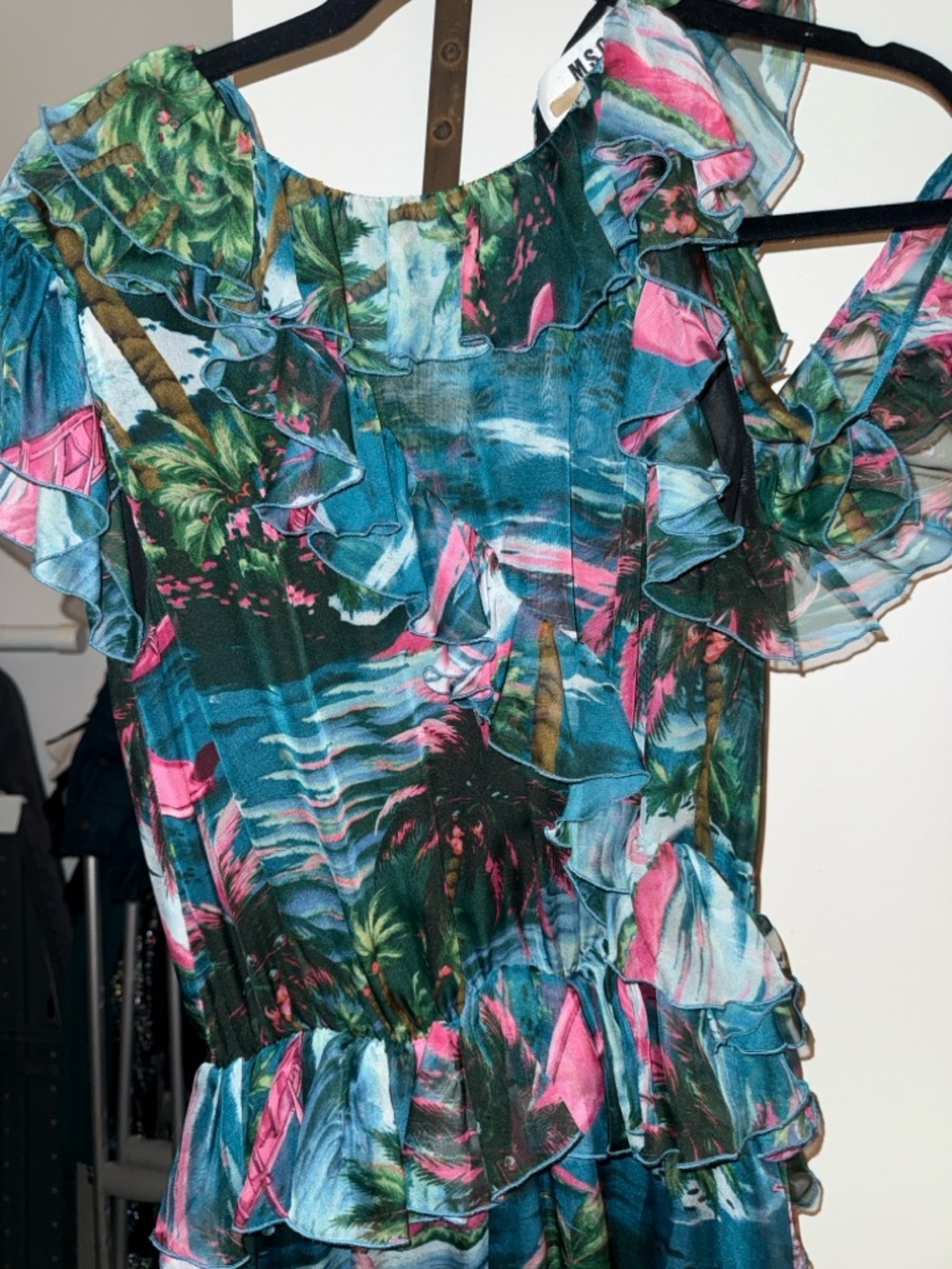 MSGM Teal Tropical Ruffle Midi Dress with Pink Accents - Picture 7 of 14